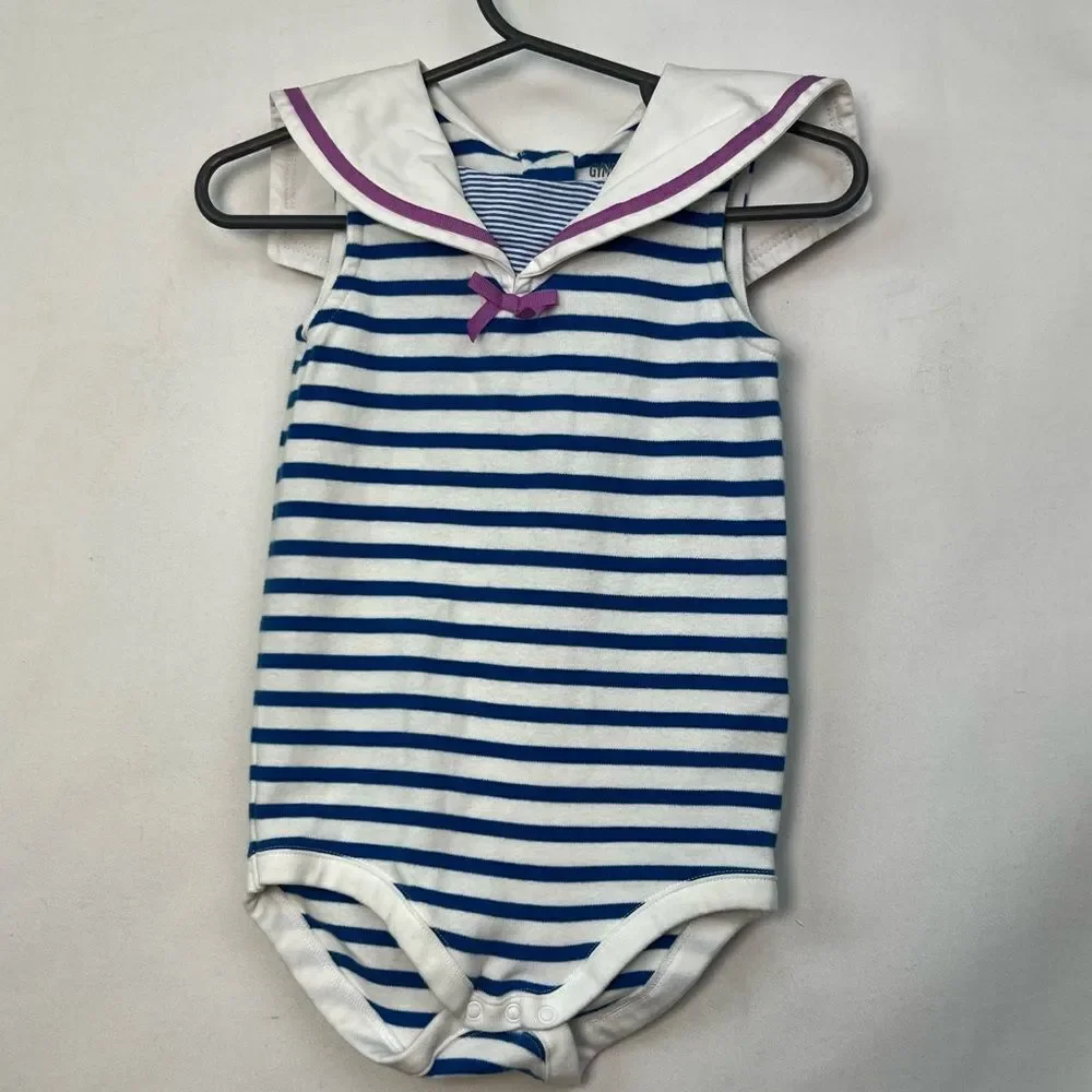 Gymboree blue and white striped knit sailor bubble romper EUC size 12-18 m